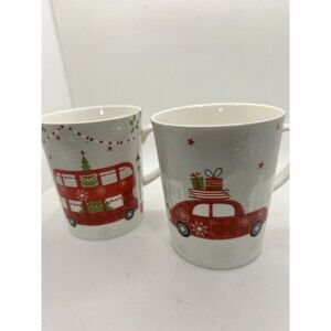 2 Christmas Holiday Travel Mugs Stechcol Gracie Bone China tree truck winter